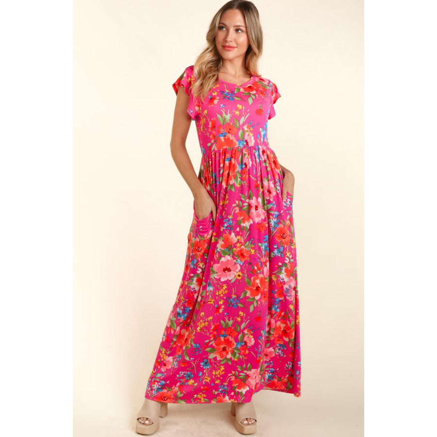 Haptics Floral Ruffled Round Neck Cap Sleeve Dress Fuchsia / S Apparel and Accessories