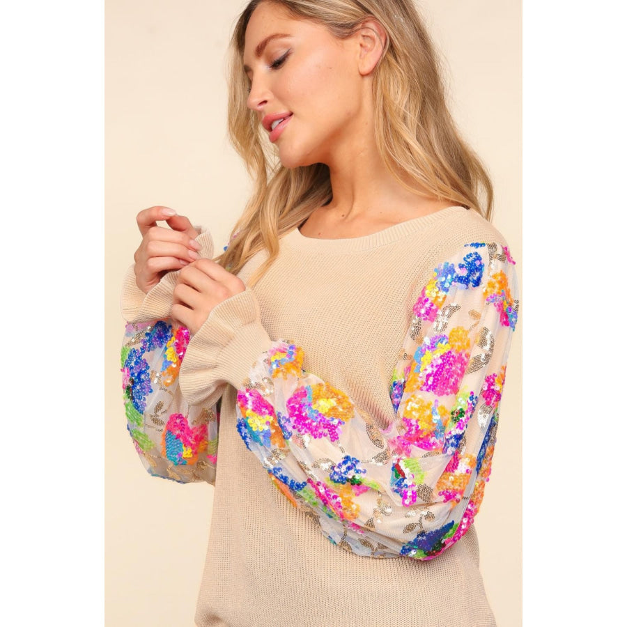 Haptics Floral Sequins Mesh Flounce Sleeve Sweater Apparel and Accessories