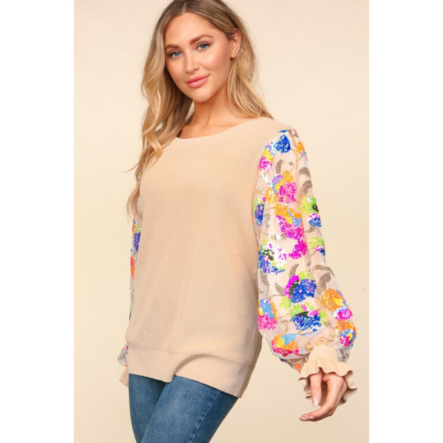 Haptics Floral Sequins Mesh Flounce Sleeve Sweater Apparel and Accessories