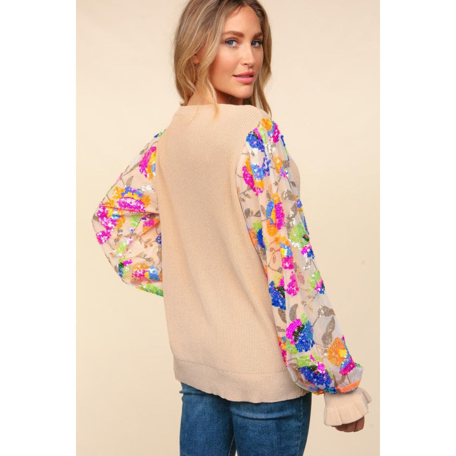 Haptics Floral Sequins Mesh Flounce Sleeve Sweater Apparel and Accessories