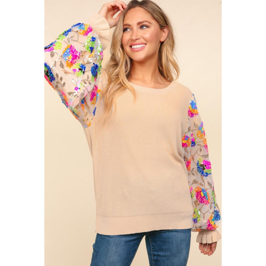 Haptics Floral Sequins Mesh Flounce Sleeve Sweater Apparel and Accessories