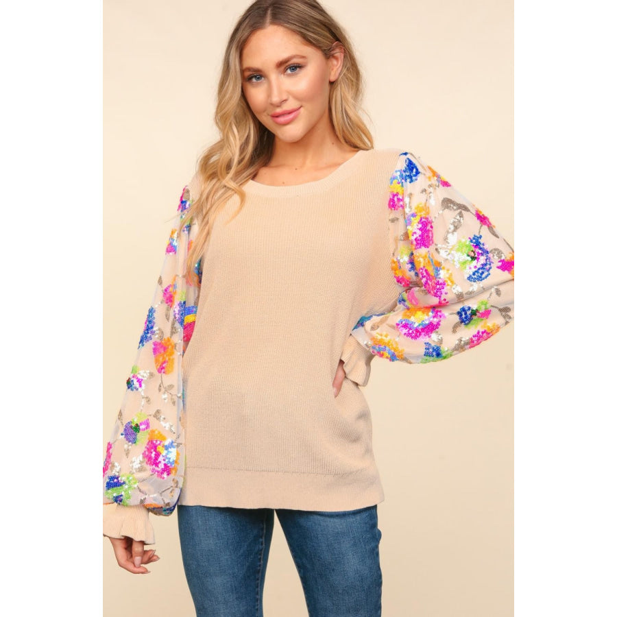 Haptics Floral Sequins Mesh Flounce Sleeve Sweater Tan Multi / S Apparel and Accessories