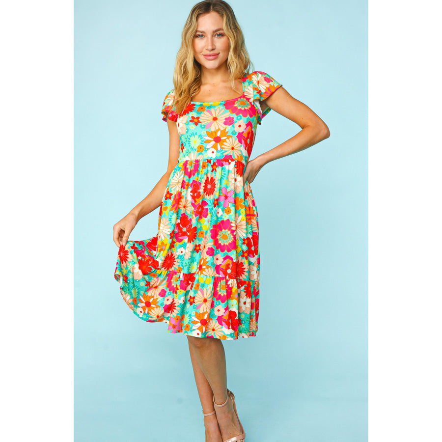 Haptics Floral Square Neck Short Sleeve Dress Apparel and Accessories