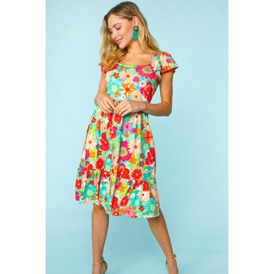 Haptics Floral Square Neck Short Sleeve Dress Apparel and Accessories