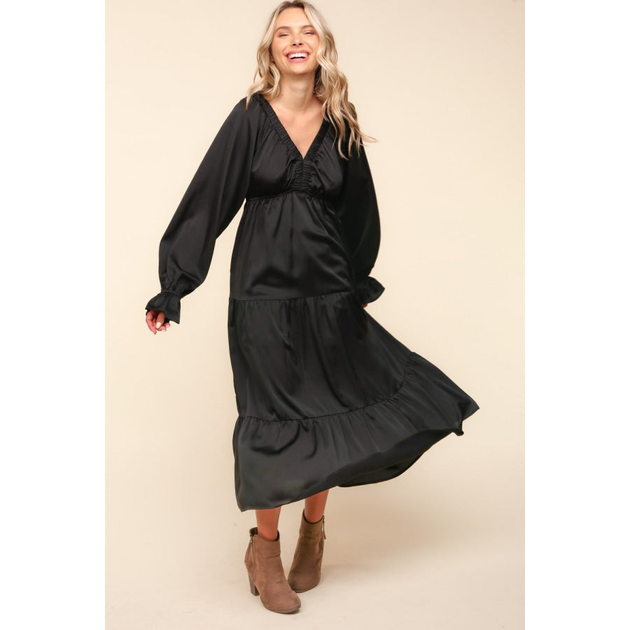 Haptics Flounce Sleeve Tiered Midi Dress with Pockets Apparel and Accessories