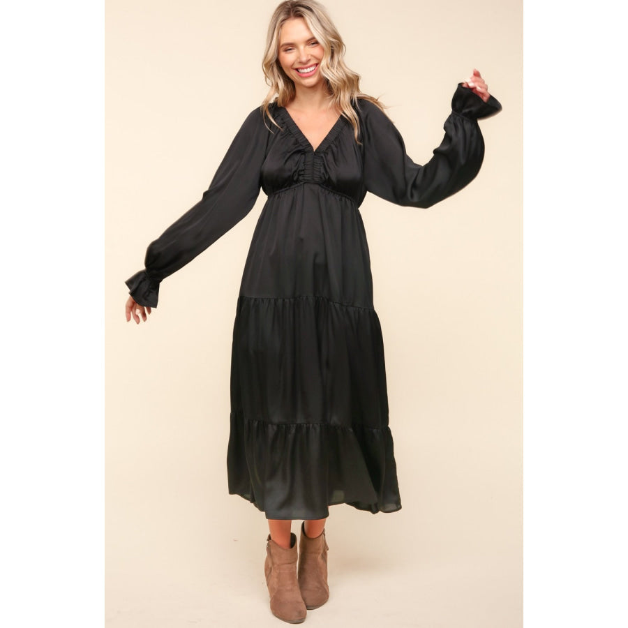 Haptics Flounce Sleeve Tiered Midi Dress with Pockets Apparel and Accessories