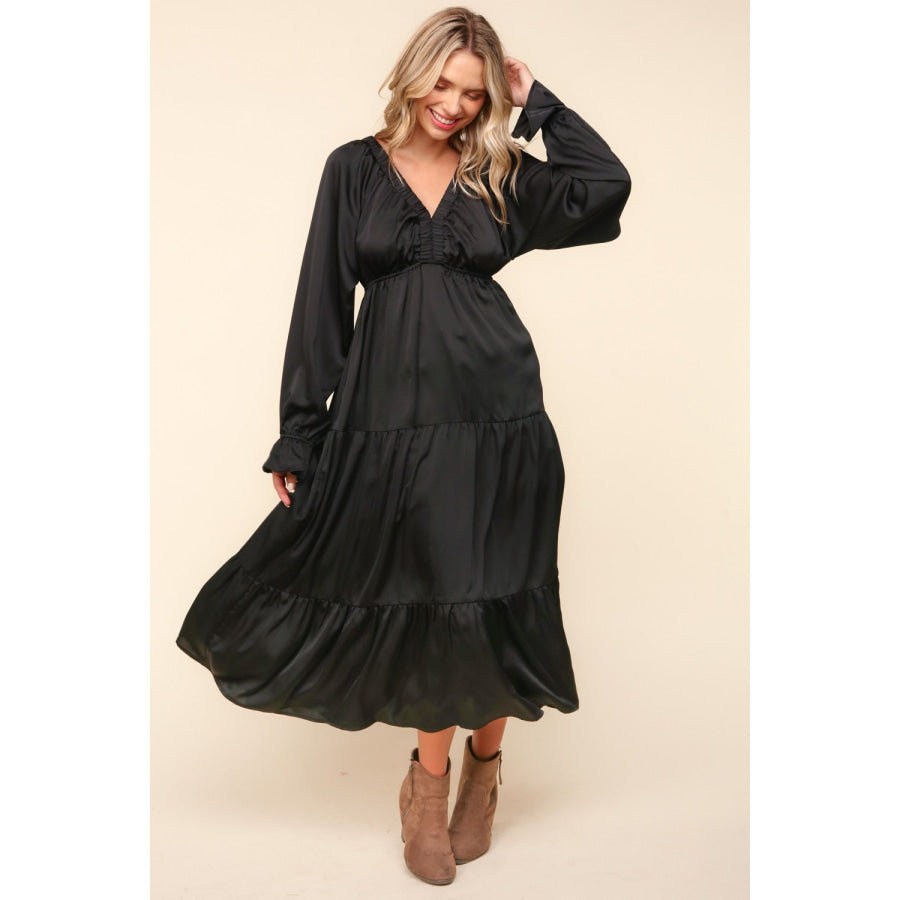 Haptics Flounce Sleeve Tiered Midi Dress with Pockets Apparel and Accessories