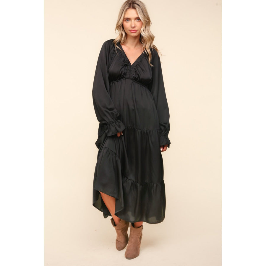 Haptics Flounce Sleeve Tiered Midi Dress with Pockets Black / S Apparel and Accessories