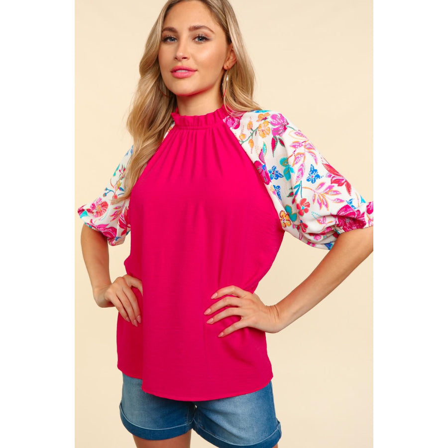 Haptics Frill Mock Neck Half Sleeve Blouse Fuchsia/Ivory / S Apparel and Accessories