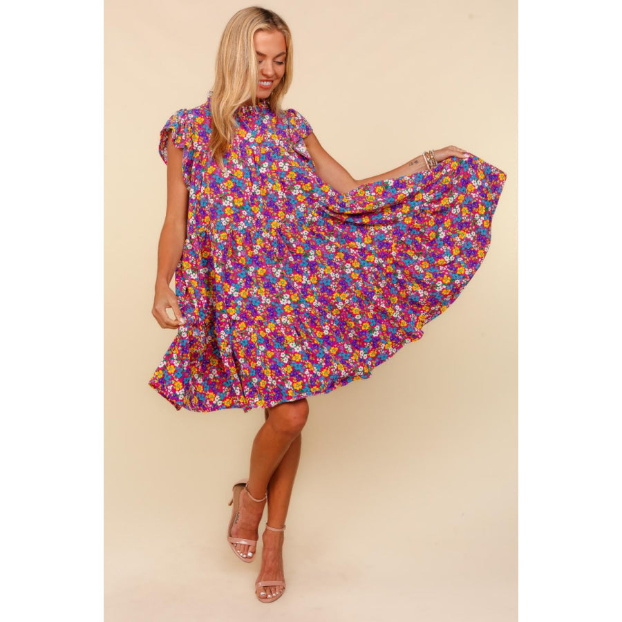 Haptics Frilled Mock Neck Ditsy Floral Dress Apparel and Accessories