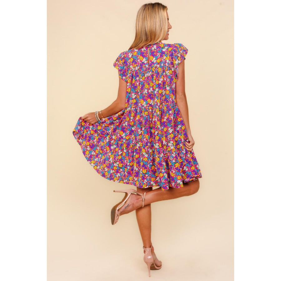 Haptics Frilled Mock Neck Ditsy Floral Dress Apparel and Accessories