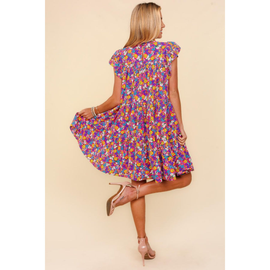 Haptics Frilled Mock Neck Ditsy Floral Dress Fuchsia / S Apparel and Accessories