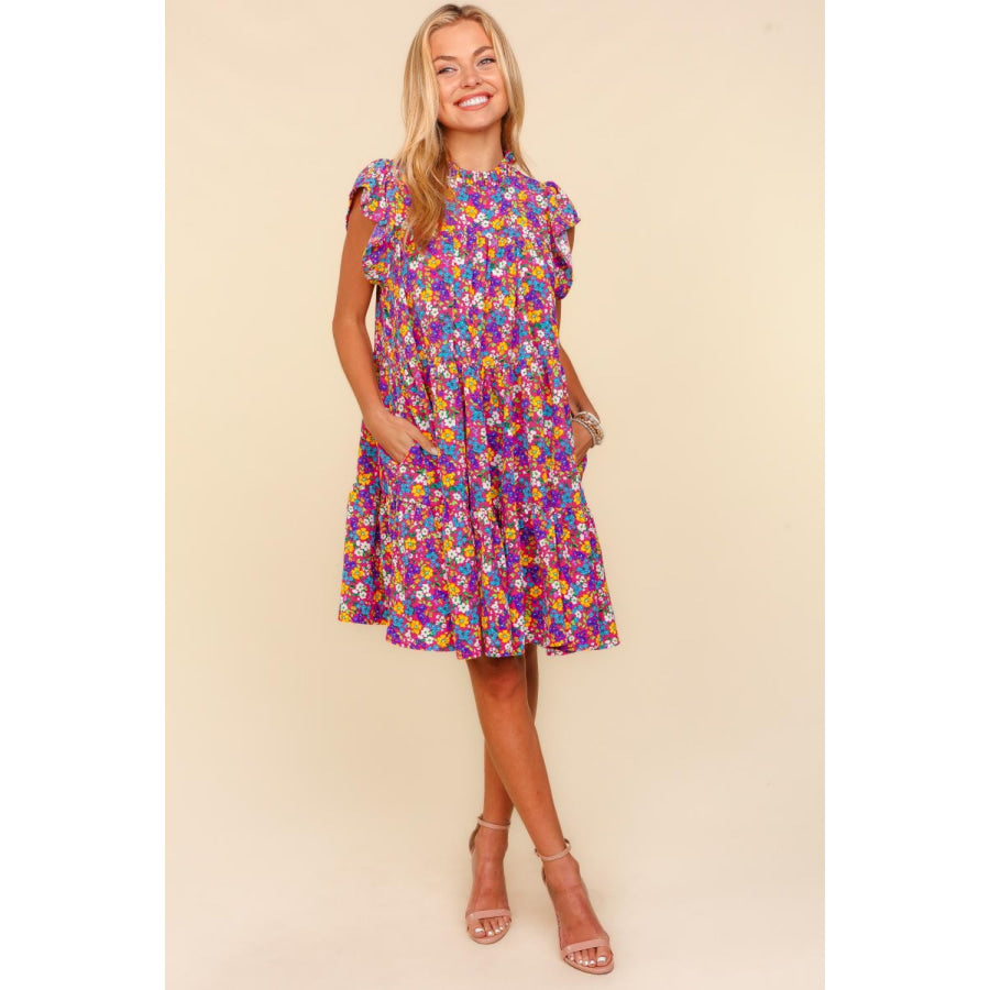 Haptics Frilled Mock Neck Ditsy Floral Dress Apparel and Accessories