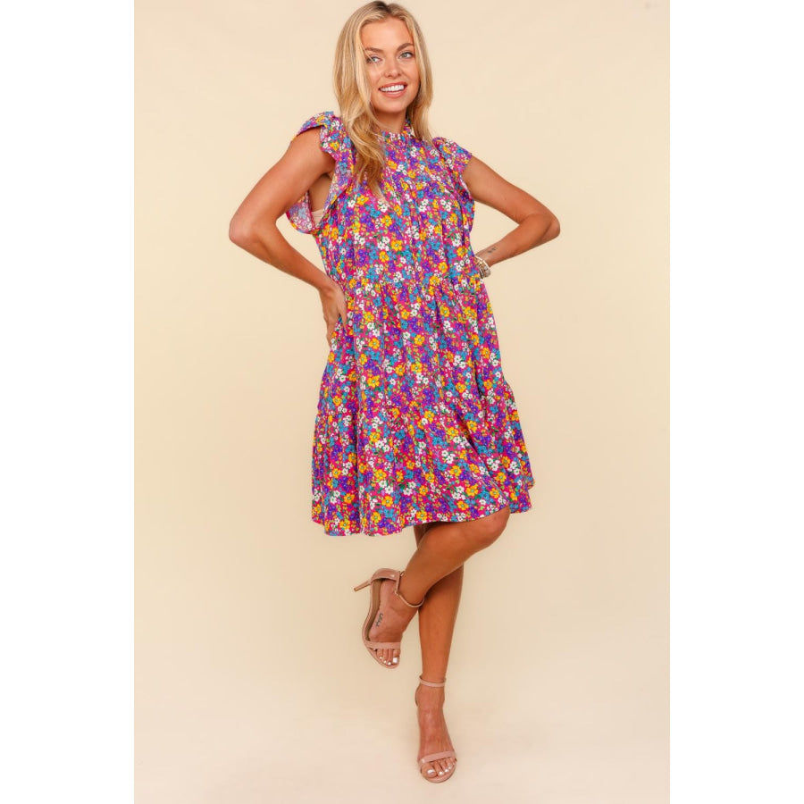 Haptics Frilled Mock Neck Ditsy Floral Dress Fuchsia / S Apparel and Accessories