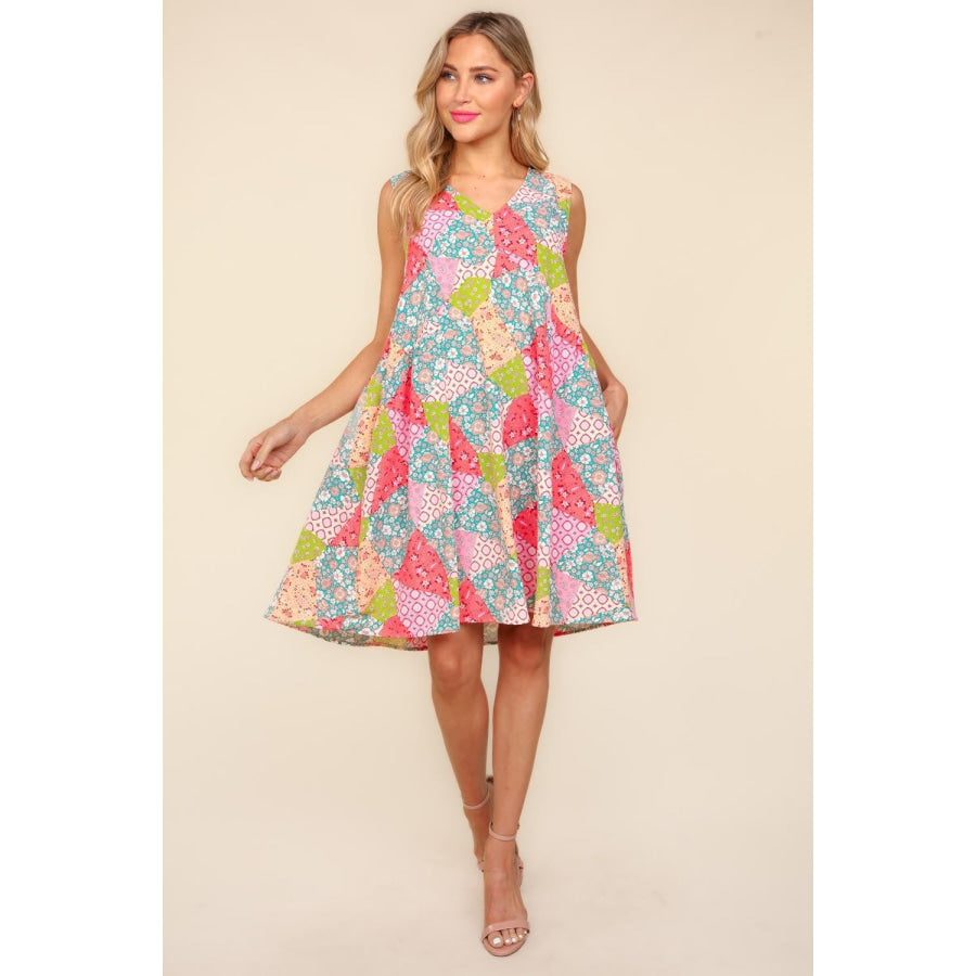 Haptics Full Size Babydoll Floral Patchwork Dress with Side Pockets Apparel and Accessories