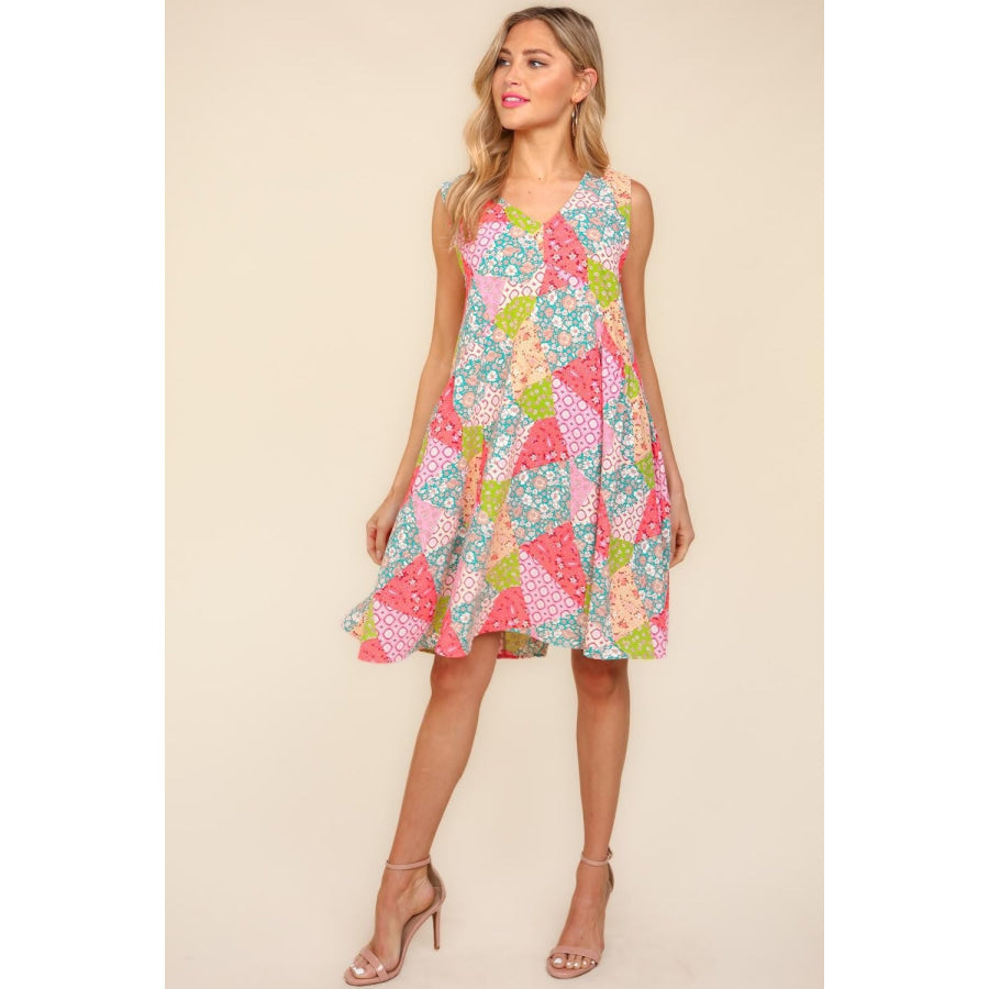 Haptics Full Size Babydoll Floral Patchwork Dress with Side Pockets Peach/Sage / S Apparel and Accessories