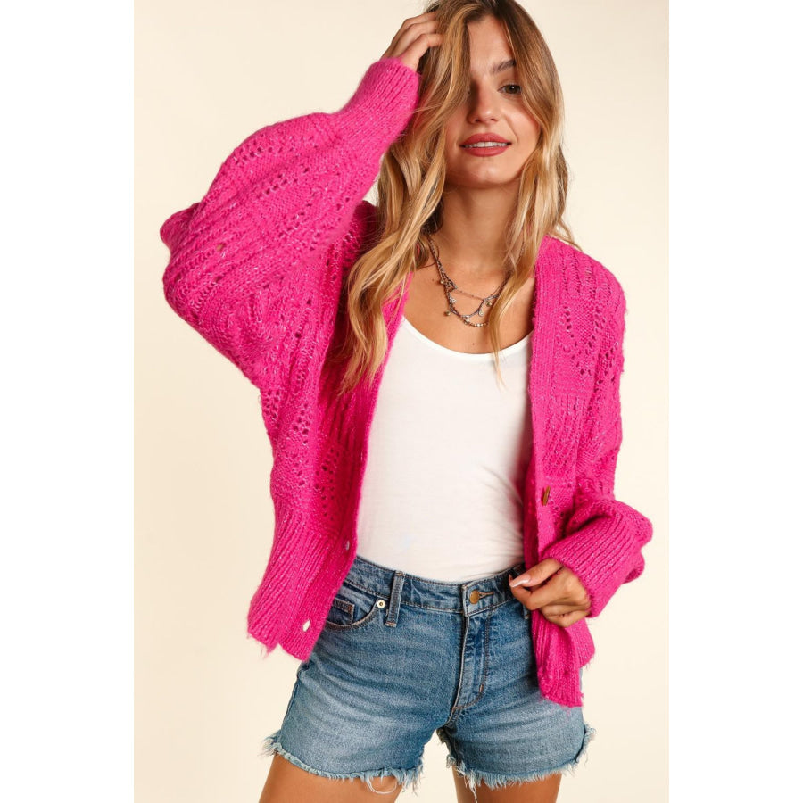 Haptics Full Size Button Down Crop Long Sleeve Cardigan Fuchsia / S Apparel and Accessories