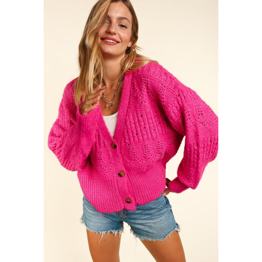 Haptics Full Size Button Down Crop Long Sleeve Cardigan Fuchsia / S Apparel and Accessories