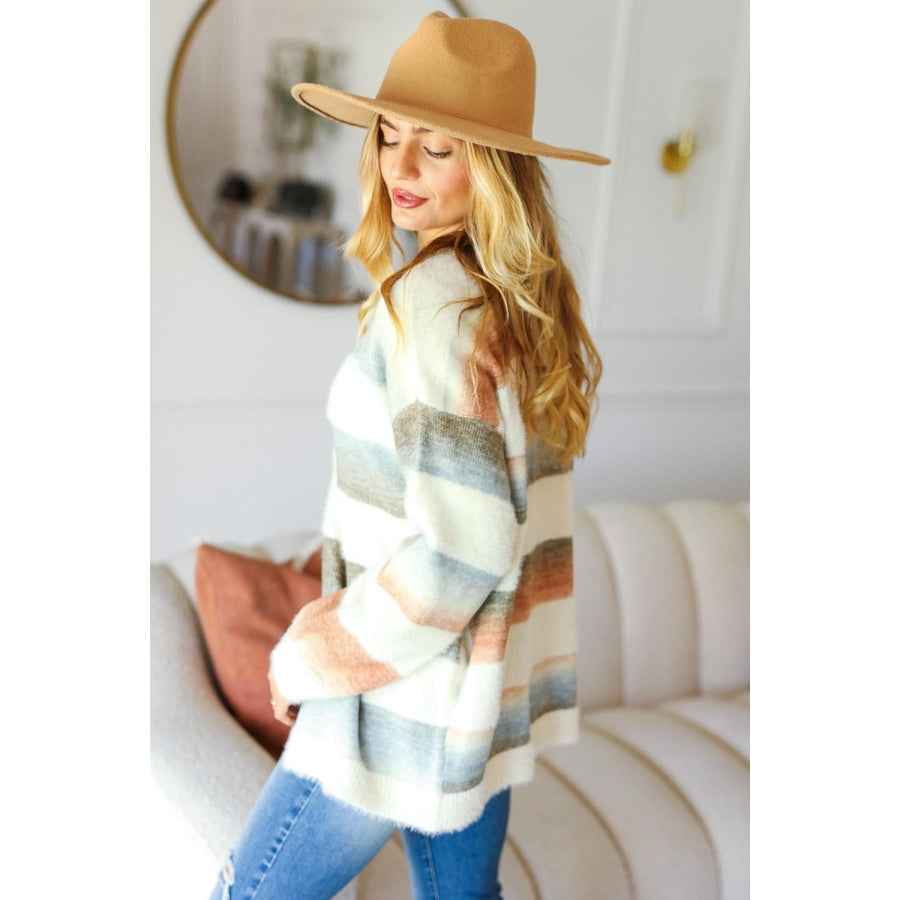 Haptics Full Size Button Down Stripe Soft Fuzzy Sweater Cardigan Apparel and Accessories