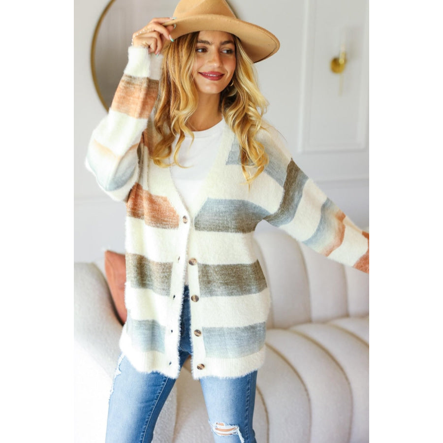 Haptics Full Size Button Down Stripe Soft Fuzzy Sweater Cardigan Apparel and Accessories