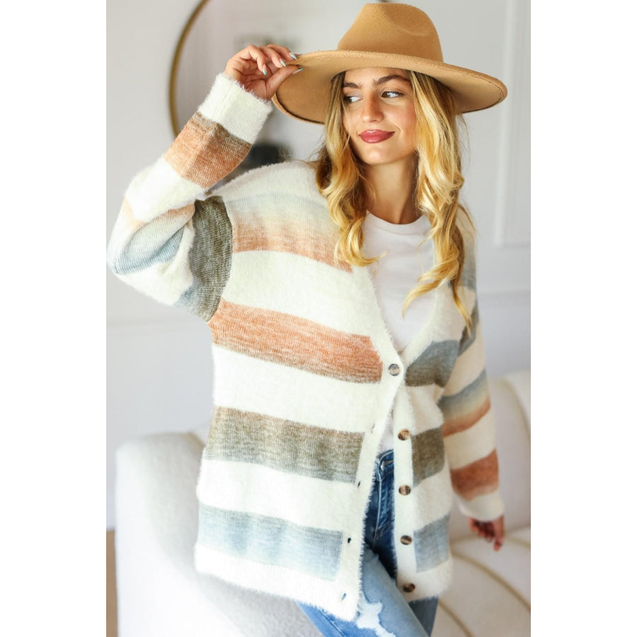 Haptics Full Size Button Down Stripe Soft Fuzzy Sweater Cardigan Ivory/Rust/Olive / S Apparel and Accessories