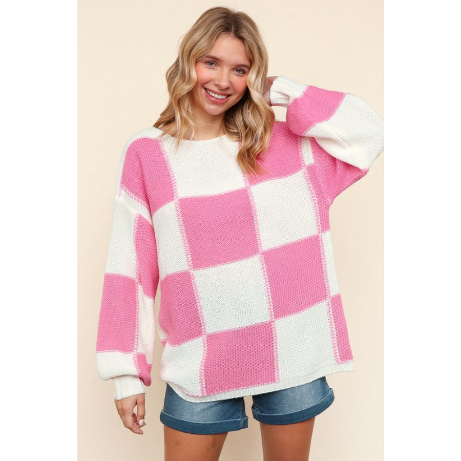 Haptics Full Size Checkered Round Neck Drop Shoulder Sweater Apparel and Accessories