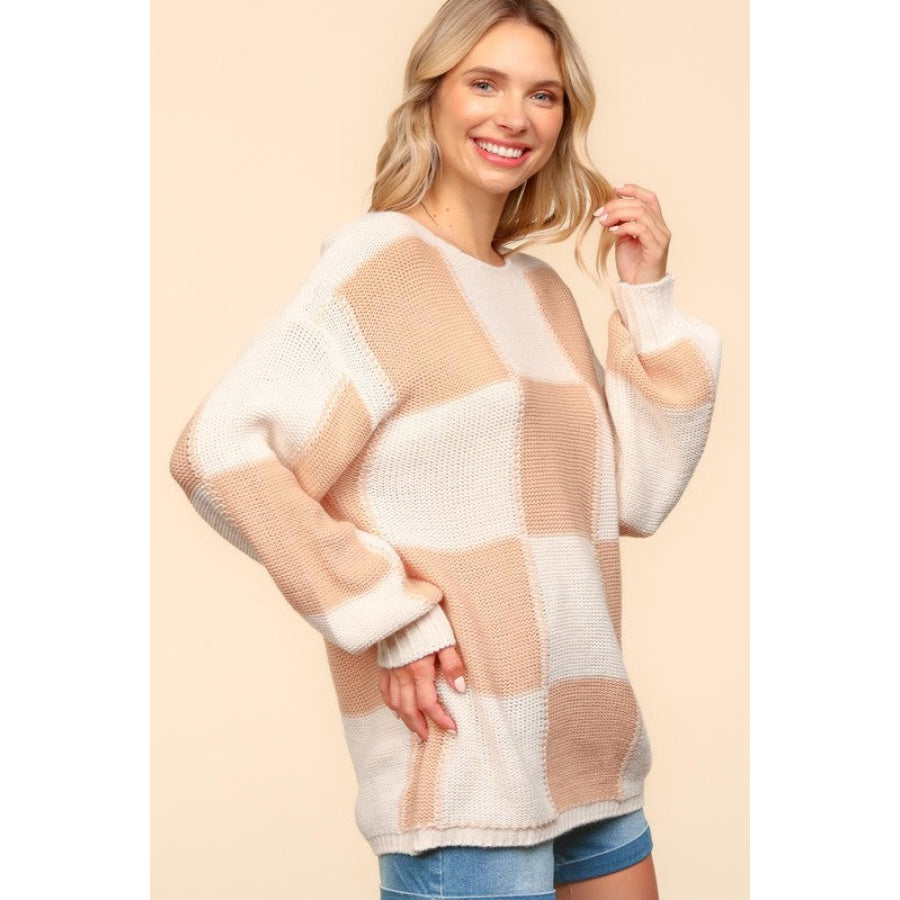 Haptics Full Size Checkered Round Neck Drop Shoulder Sweater Apparel and Accessories