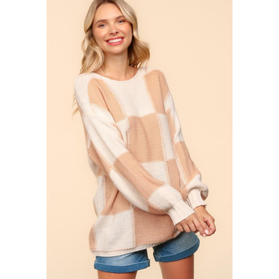 Haptics Full Size Checkered Round Neck Drop Shoulder Sweater Apparel and Accessories