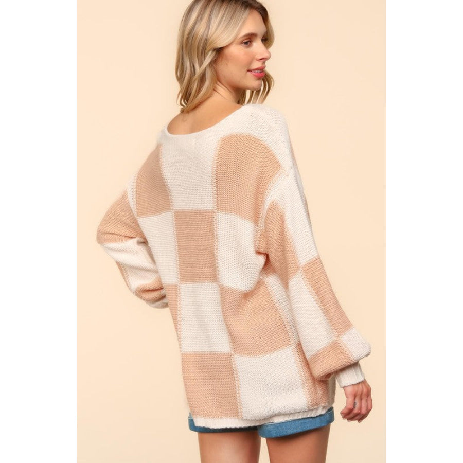 Haptics Full Size Checkered Round Neck Drop Shoulder Sweater Apricot / S Apparel and Accessories