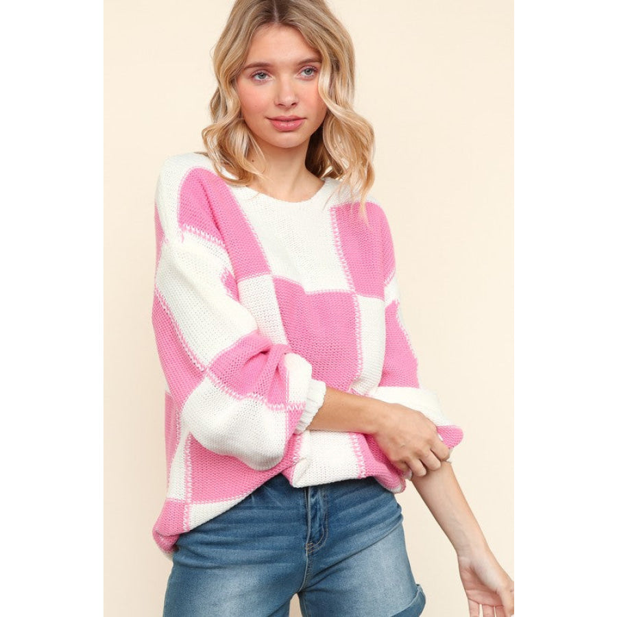 Haptics Full Size Checkered Round Neck Drop Shoulder Sweater Apparel and Accessories