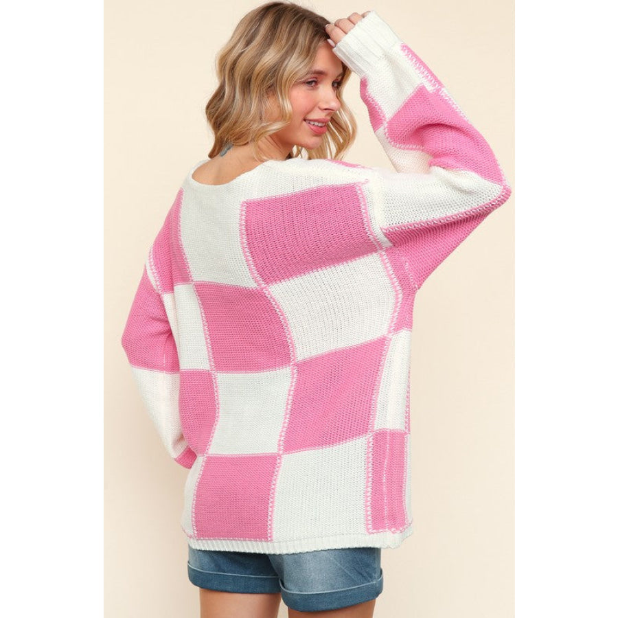 Haptics Full Size Checkered Round Neck Drop Shoulder Sweater Apparel and Accessories