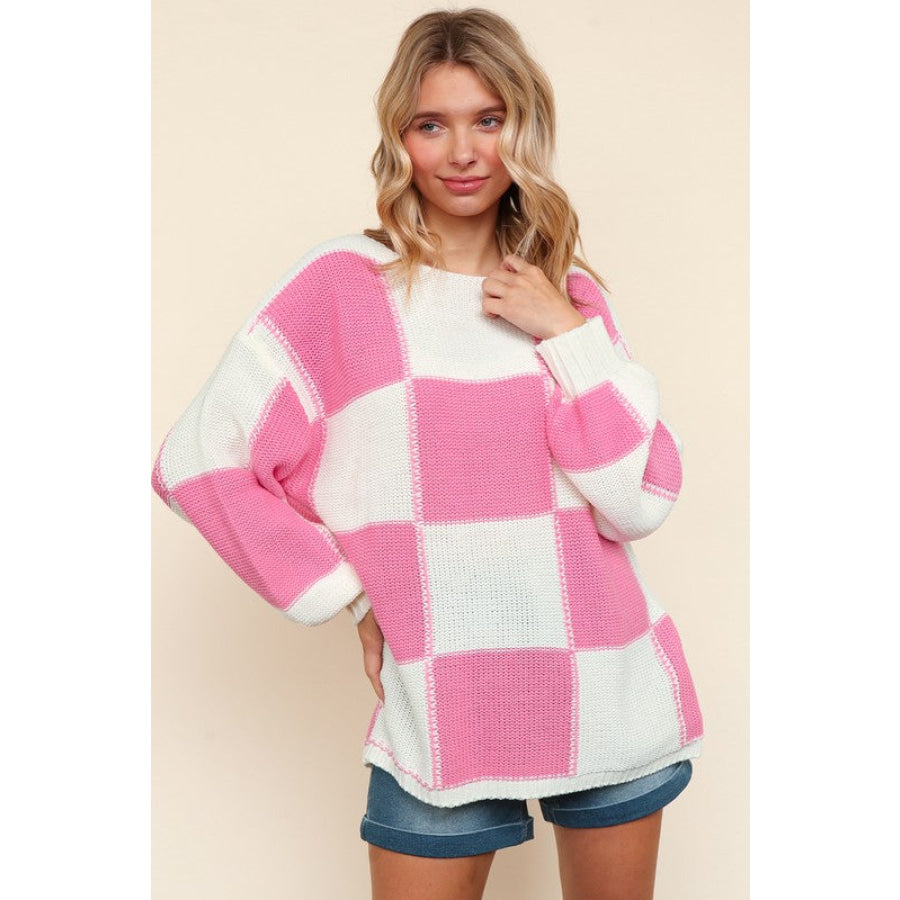 Haptics Full Size Checkered Round Neck Drop Shoulder Sweater Apparel and Accessories