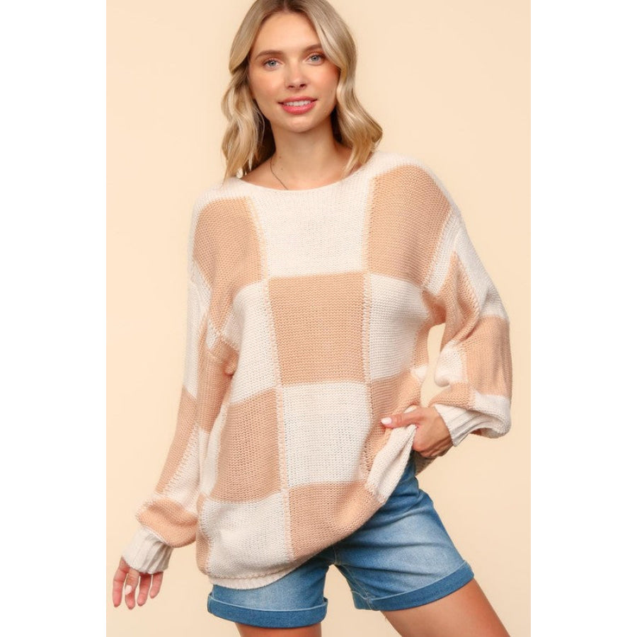 Haptics Full Size Checkered Round Neck Drop Shoulder Sweater Apricot / S Apparel and Accessories