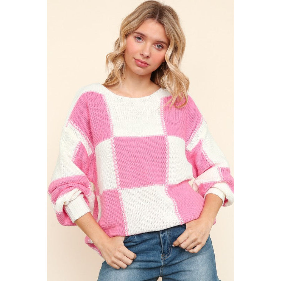 Haptics Full Size Checkered Round Neck Drop Shoulder Sweater Pink/Ivory / S Apparel and Accessories