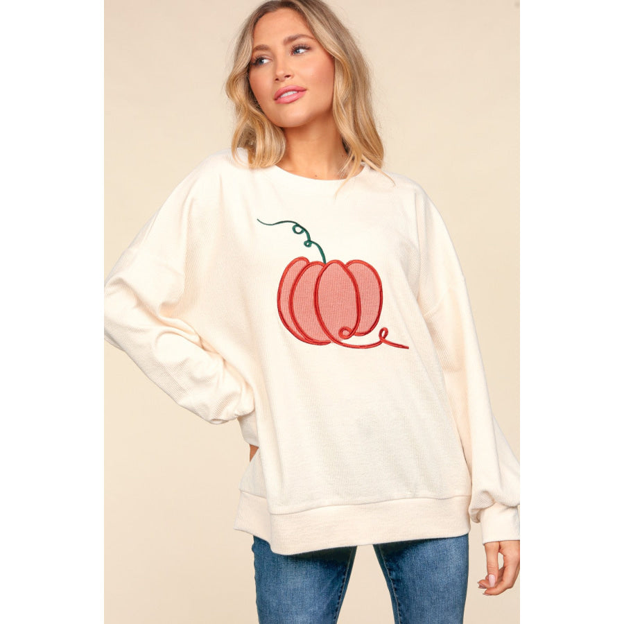 Haptics Full Size Embroidery Pumpkin Long Sleeve Knit Top Apparel and Accessories