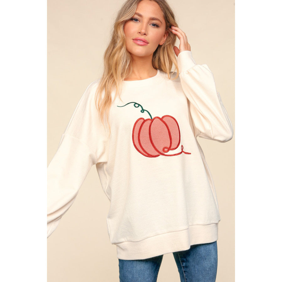 Haptics Full Size Embroidery Pumpkin Long Sleeve Knit Top Apparel and Accessories