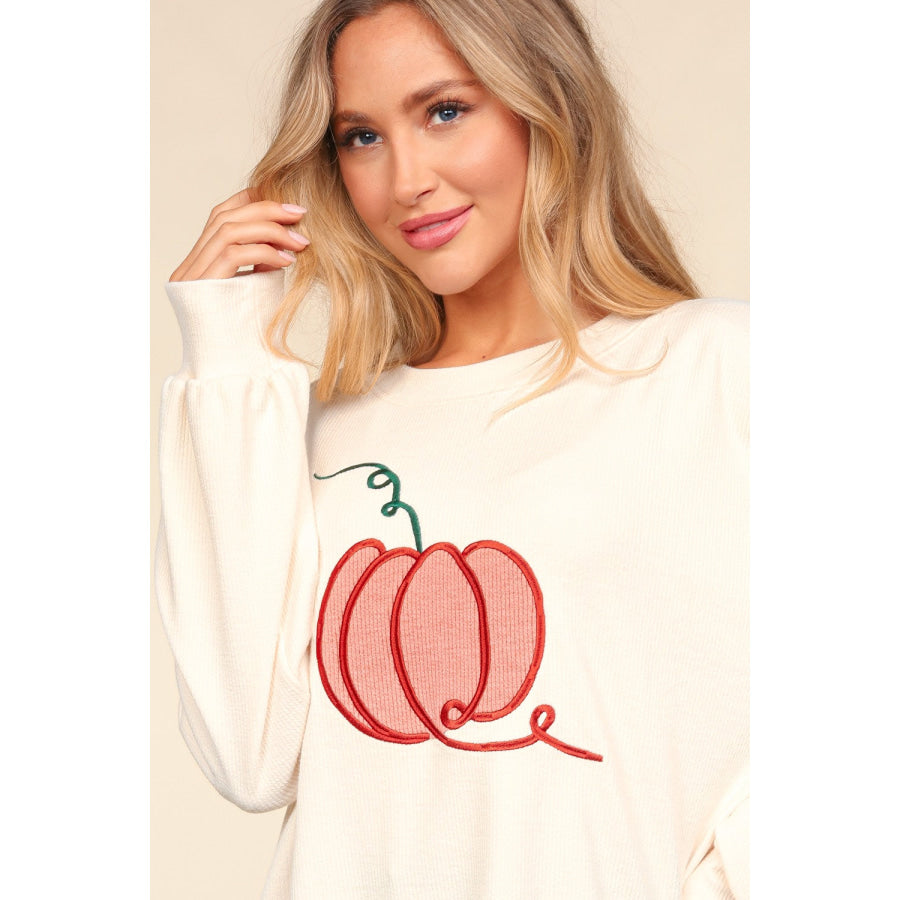 Haptics Full Size Embroidery Pumpkin Long Sleeve Knit Top Apparel and Accessories