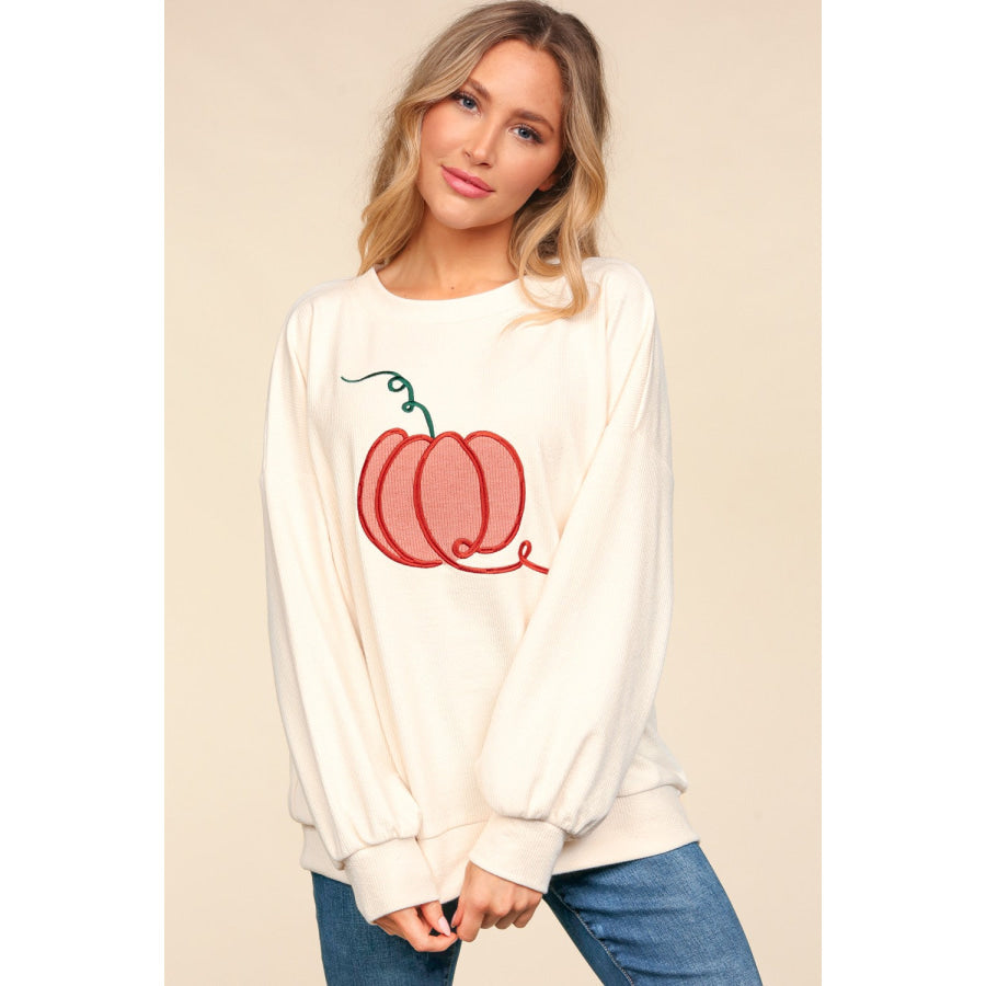 Haptics Full Size Embroidery Pumpkin Long Sleeve Knit Top Ivory / S Apparel and Accessories