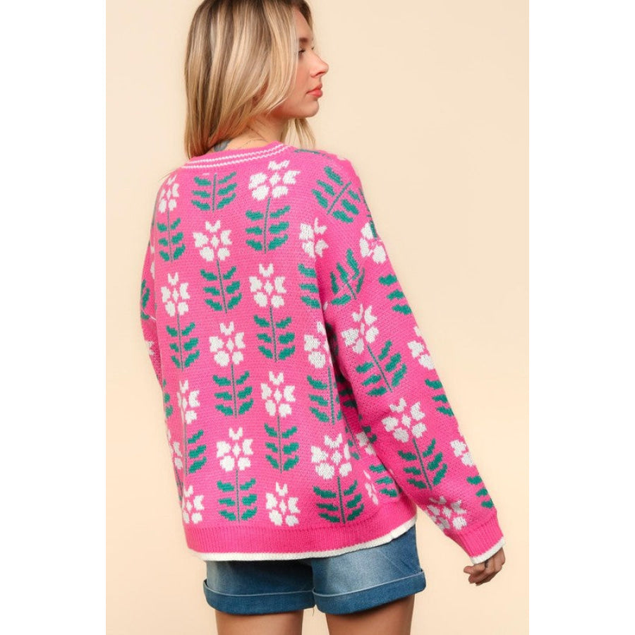 Haptics Full Size Floral Jacquard V-Neck Button Up Cardigan Hot Pink / S Apparel and Accessories