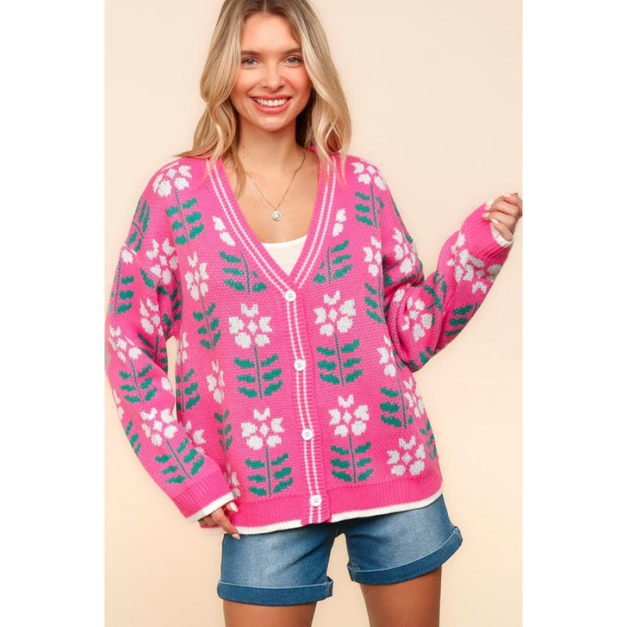 Haptics Full Size Floral Jacquard V-Neck Button Up Cardigan Hot Pink / S Apparel and Accessories