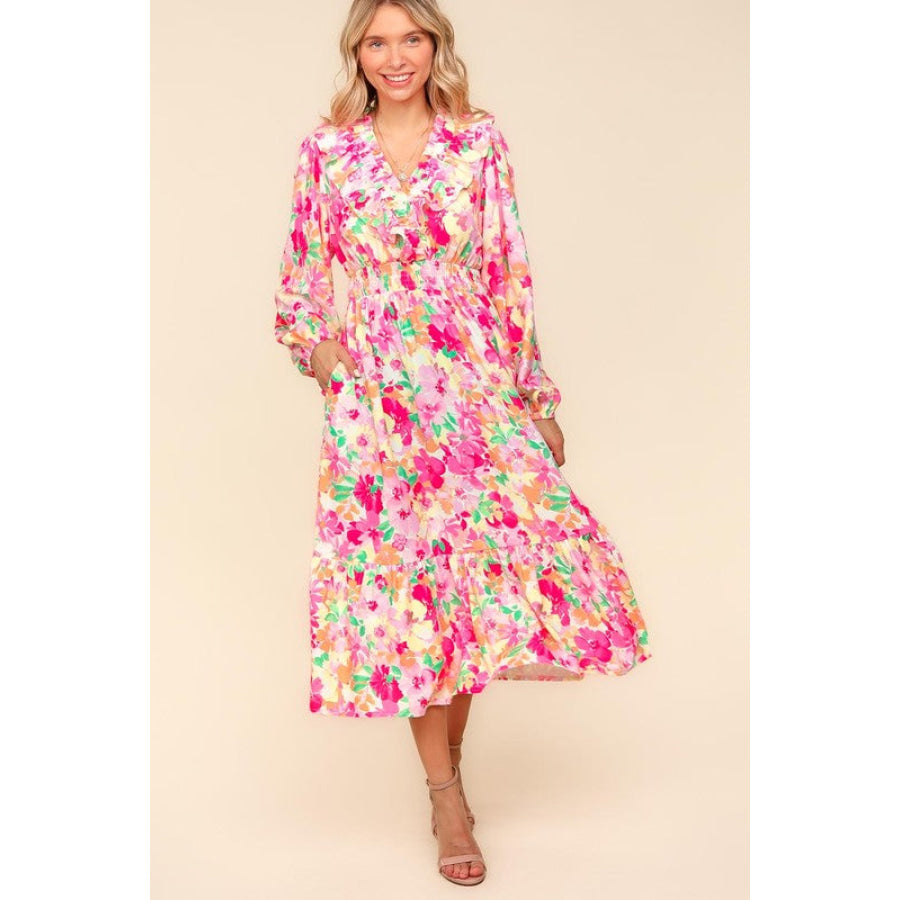 Haptics Full Size Floral Surplice Balloon Sleeve Dress with Side Pockets Apparel and Accessories