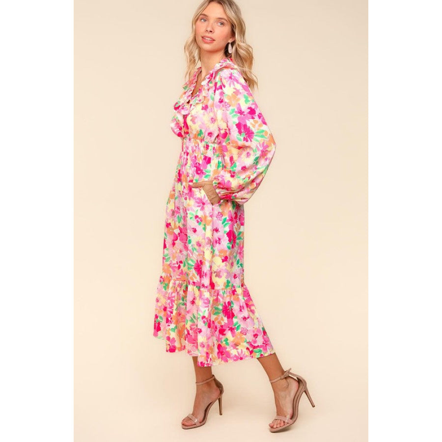 Haptics Full Size Floral Surplice Balloon Sleeve Dress with Side Pockets Apparel and Accessories