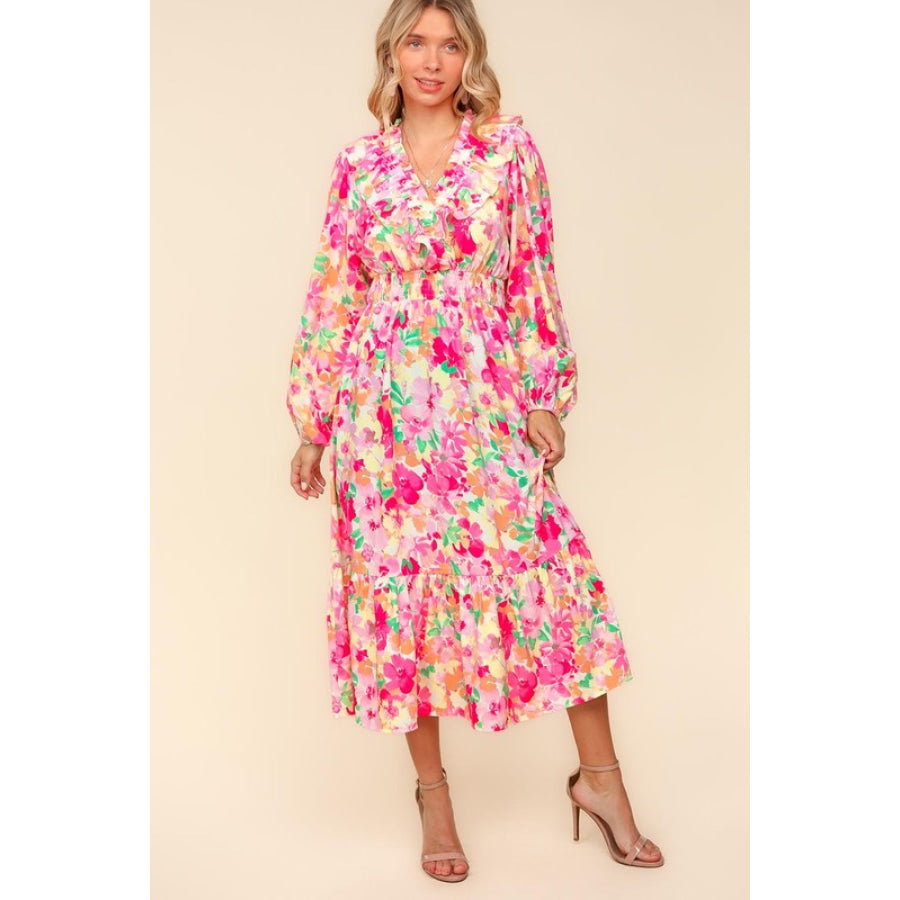 Haptics Full Size Floral Surplice Balloon Sleeve Dress with Side Pockets Apparel and Accessories