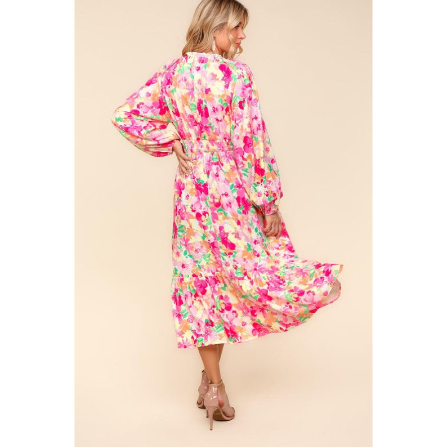 Haptics Full Size Floral Surplice Balloon Sleeve Dress with Side Pockets Apparel and Accessories