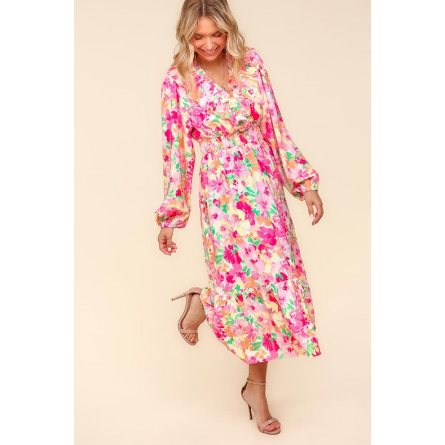 Haptics Full Size Floral Surplice Balloon Sleeve Dress with Side Pockets Apparel and Accessories