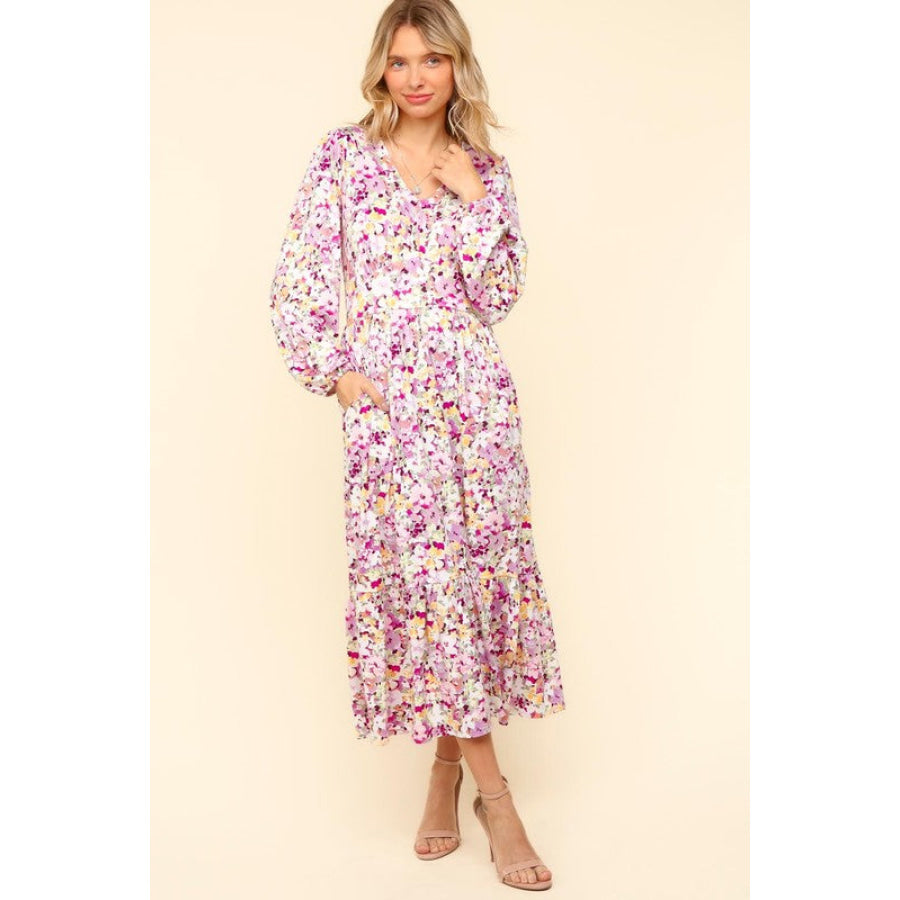 Haptics Full Size Floral V-Neck Long Sleeve Dress with Side Pockets Apparel and Accessories