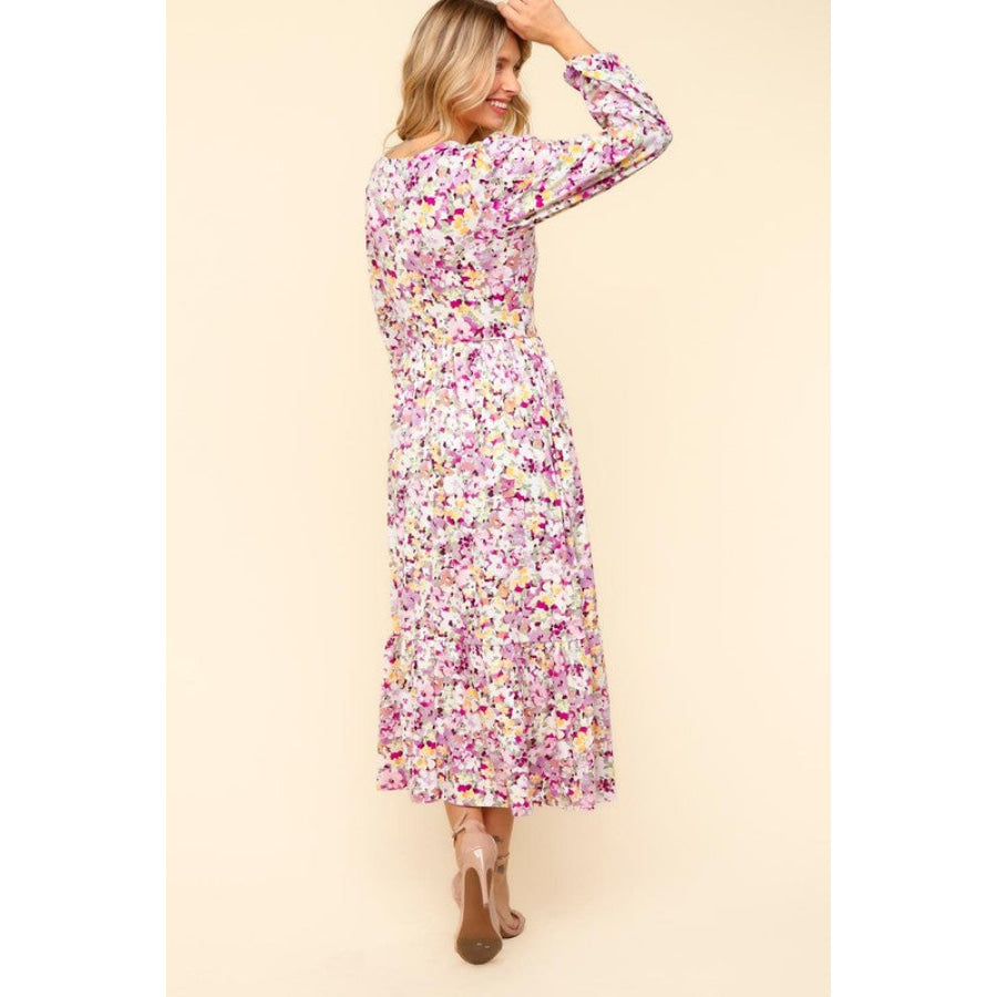 Haptics Full Size Floral V-Neck Long Sleeve Dress with Side Pockets Apparel and Accessories