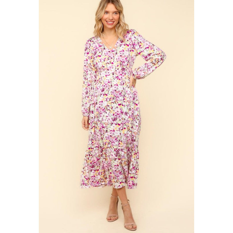 Haptics Full Size Floral V-Neck Long Sleeve Dress with Side Pockets Apparel and Accessories