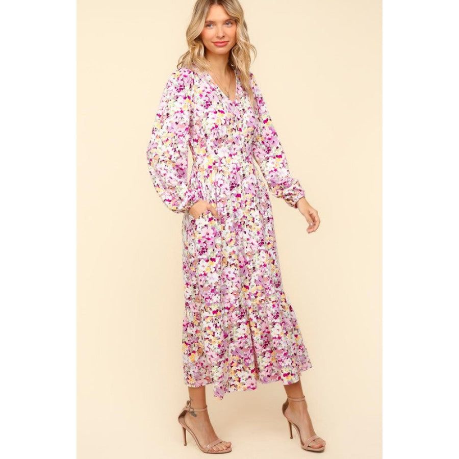 Haptics Full Size Floral V-Neck Long Sleeve Dress with Side Pockets Apparel and Accessories