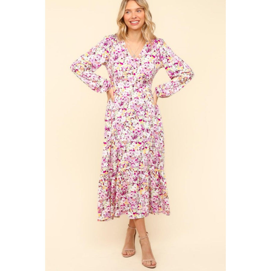 Haptics Full Size Floral V-Neck Long Sleeve Dress with Side Pockets Apparel and Accessories